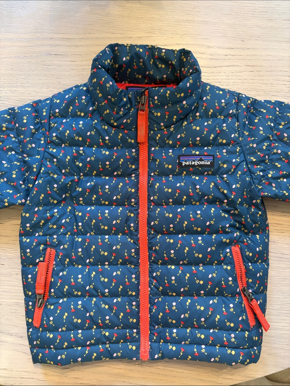 Patagonia Kids Navy Floral Puffer Jacket with Red Trim